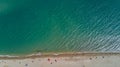 Aerial top view of sandy beach of Mediterranean sea from above, vacation and holiday resort Royalty Free Stock Photo