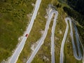Aerial top view on scenic curvy mountain pass road to the Timmelsjoch at the border of Italy and Austria in the Alps