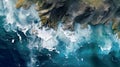 Aerial top view of sea and rocks, ocean blue waves crashing on shore, generative AI Royalty Free Stock Photo