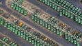 Aerial top view several gabage trucks, cars parked garbage truck