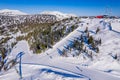 Aerial top view Sheregesh ski lift resort winter, landscape mountain and hotels, Russia Kemerovo region Royalty Free Stock Photo