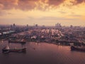 Aerial top view of ships in front of Petroleum`s oil refinery in Royalty Free Stock Photo