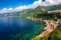 Aerial top view of small fishing village Chianalea di Scilla, It Royalty Free Stock Photo