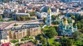 Aerial top view of St Sophia cathedral and Kiev city skyline from above, Kyiv cityscape, Ukraine