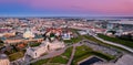 Aerial top view sunset panorama cityscape of Kazan Kremlin Kul Sharif mosque of Tatarstan Russia