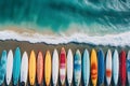 Aerial top view of surf board on the sea beach