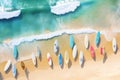 Aerial top view of surf board on the sea beach