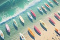 Aerial top view of surf board on the sea beach