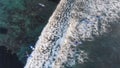 Aerial top of view of surfers on the ocean at sunset and wave.