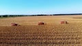 Aerial top view. three big red combine harvester machines harvesting corn field in early autumn. tractors filtering Royalty Free Stock Photo