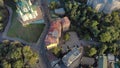 Aerial Top view to the Andreevskiy Descent and Mikhailovskiy Sobor Church at summer sunset time