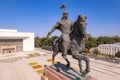 Aerial top view to Monument Epic Statue of Aykol Manas - kyrgyz hero on Ala-Too Square. State History Museum in downtown Royalty Free Stock Photo