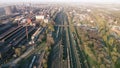 Aerial Top view to railway cylindrical tank shipping containers Rail. Striped creative transport industry representation Royalty Free Stock Photo