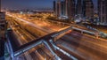 Aerial top view to Sheikh Zayed road near Dubai Marina and JLT night to day timelapse, Dubai.