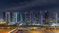 Aerial top view to Sheikh Zayed road near Dubai Marina and JLT timelapse, Dubai.