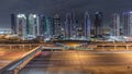 Aerial top view to Sheikh Zayed road near Dubai Marina and JLT timelapse, Dubai.