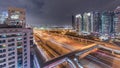 Aerial top view to Sheikh Zayed road near Dubai Marina and JLT timelapse, Dubai.