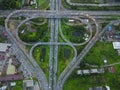 Aerial top view of Toll expressway, Motorway shaped like a triangle or heart, Modern transportation, Multilevel junction highway, Royalty Free Stock Photo