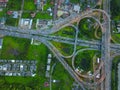 Aerial top view of Toll expressway, Motorway shaped like a triangle or heart, Modern transportation, Multilevel junction highway, Royalty Free Stock Photo