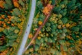 Aerial top view Travel autumn road driver in yellow forest, concept trip by car Royalty Free Stock Photo