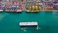 Aerial top view tugboat dragging Large RoRo Roll on/off into Commercial dock import and export international on the green sea