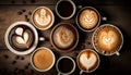 Aerial top view various of coffee latte art, cappuccino, black coffee in cup on wooden table, hot beverage, Morning drinks with Royalty Free Stock Photo