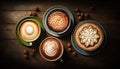 Aerial top view various of coffee latte art, cappuccino, black coffee in cup on wooden table, hot beverage, Morning drinks with Royalty Free Stock Photo