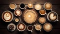 Aerial top view various of coffee latte art, cappuccino, black coffee in cup on wooden table, hot beverage, Morning drinks with Royalty Free Stock Photo