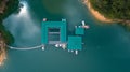 Aerial top view of water chalet resort in Kenyir Lake, Terengganu, Malaysia