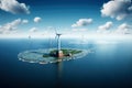 Aerial top view of white windmill with cloud blue sky, wind turbines on field grass, fresh air from windmill farm, with Generative