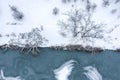 Aerial top view of the winter trees covered by snow on the river bank Royalty Free Stock Photo
