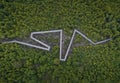 Aerial top view of a zigzag road in the forest