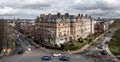 Aerial townscape view of Victorian architecture in Harrogate with busy roads