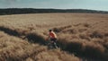 Aerial tracking shot of a man cycling along the field pathway