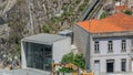 Aerial view of Funicular dos Guindais and picturesque houses in historic centre of Porto city timelapse, Portugal Royalty Free Stock Photo