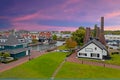 Aerial from traditional brick factory and houses in Huizen Netherlands at sunset Royalty Free Stock Photo