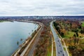 Aerial of traffic by Hamilton harbour in Ontario, Canada