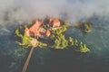 Aerial Trakai castle in misty sunrise