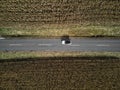 Aerial Tranquility: White Car on a Straight Rural Road Amidst Dried Cornfields Royalty Free Stock Photo