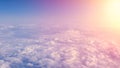 Aerial traveling. Flying at dusk or dawn. Fly through orange cloud and sun