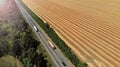 Aerial. Trucks on a highway road. Transport logistics background Royalty Free Stock Photo