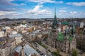 Aerial veiw on Elizabeth church in Lviv, Ukraine from drone. Consecration of Easter food, cakes, eggs