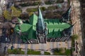 Aerial veiw on Elizabeth church in Lviv, Ukraine from drone. Consecration of Easter food, cakes, eggs