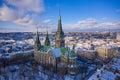 Aerial veiw on Elizabeth church in Lviv Ukraine from drone