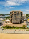 Aerial vertical drone photo of Oceanside Condo Virginia Beach boardwalk Royalty Free Stock Photo