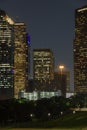 Aerial vertical ground shot of Downtown Houston Texas at night