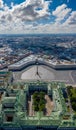Aerial vertical panorama of Saint Petersburg, Russia, the Hermitage museum, Winter Palace, Palace Square, green roofs, Alexander