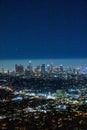 Aerial vertical shot of Griffith Observatory View of Downtown, Los Angeles at night