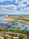 Aerial vertical shot of the Leziria bridge in Carregado, Portugal.