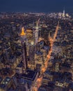 Aerial vertical shot of night view of New York City skyline, Manhattan, USA